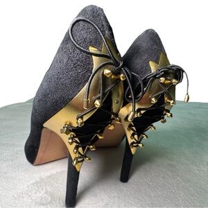 Vintage 90s Designer Black Suede Stiletto Pumps w Spiked Lace-Up Corset Details